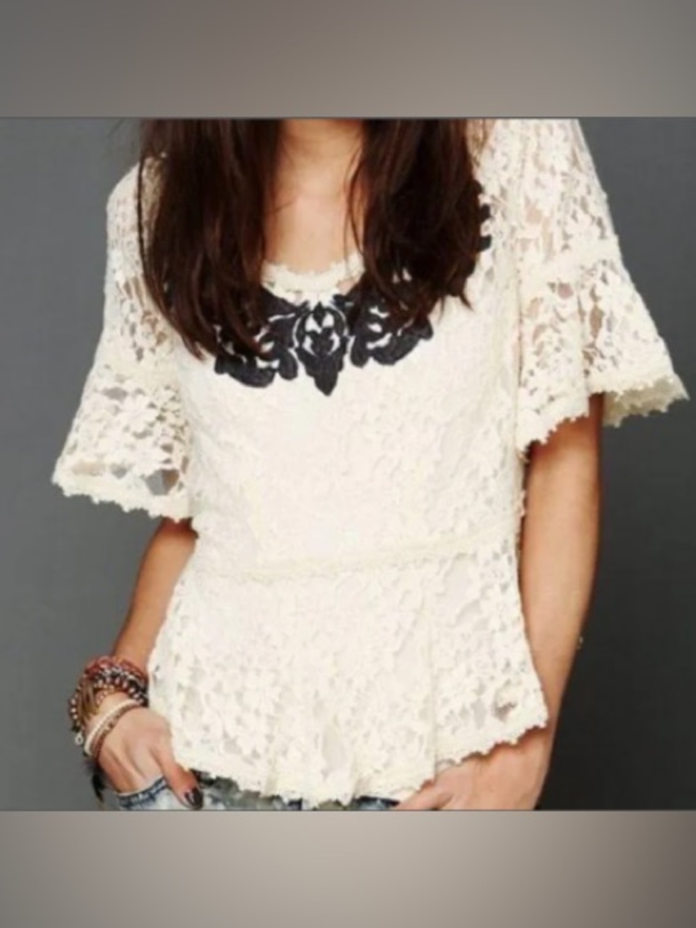 Free People Victorian Sheer Lace Peplum Top Size large Cream Appliqued